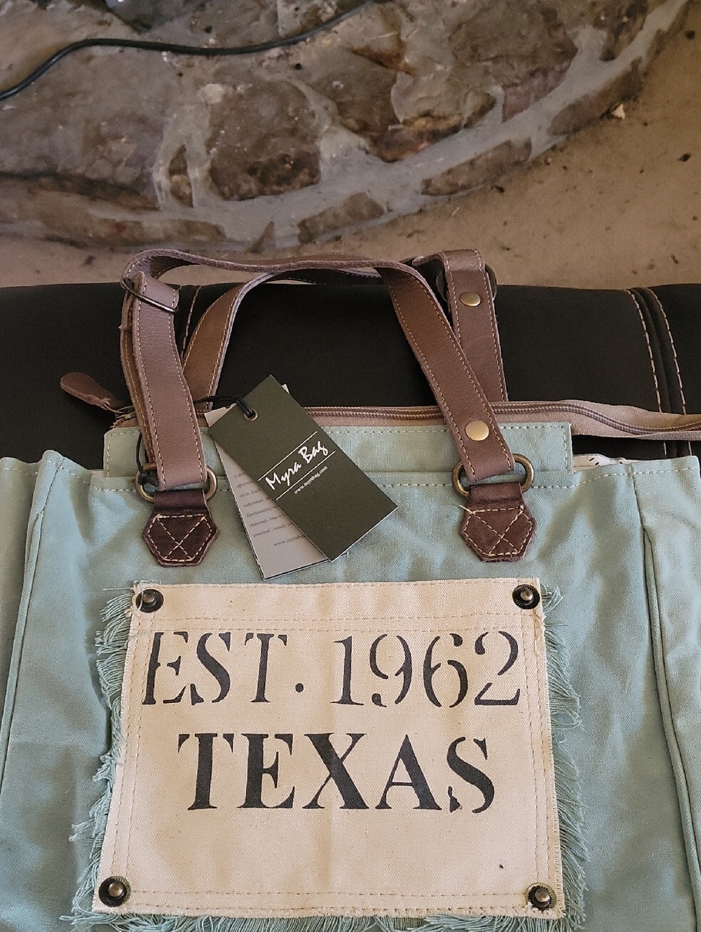 Myra Bag sage green canvas tote with brown leather straps
